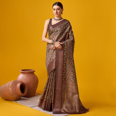 Brown Digital Printed Cotton Silk Saree With Border