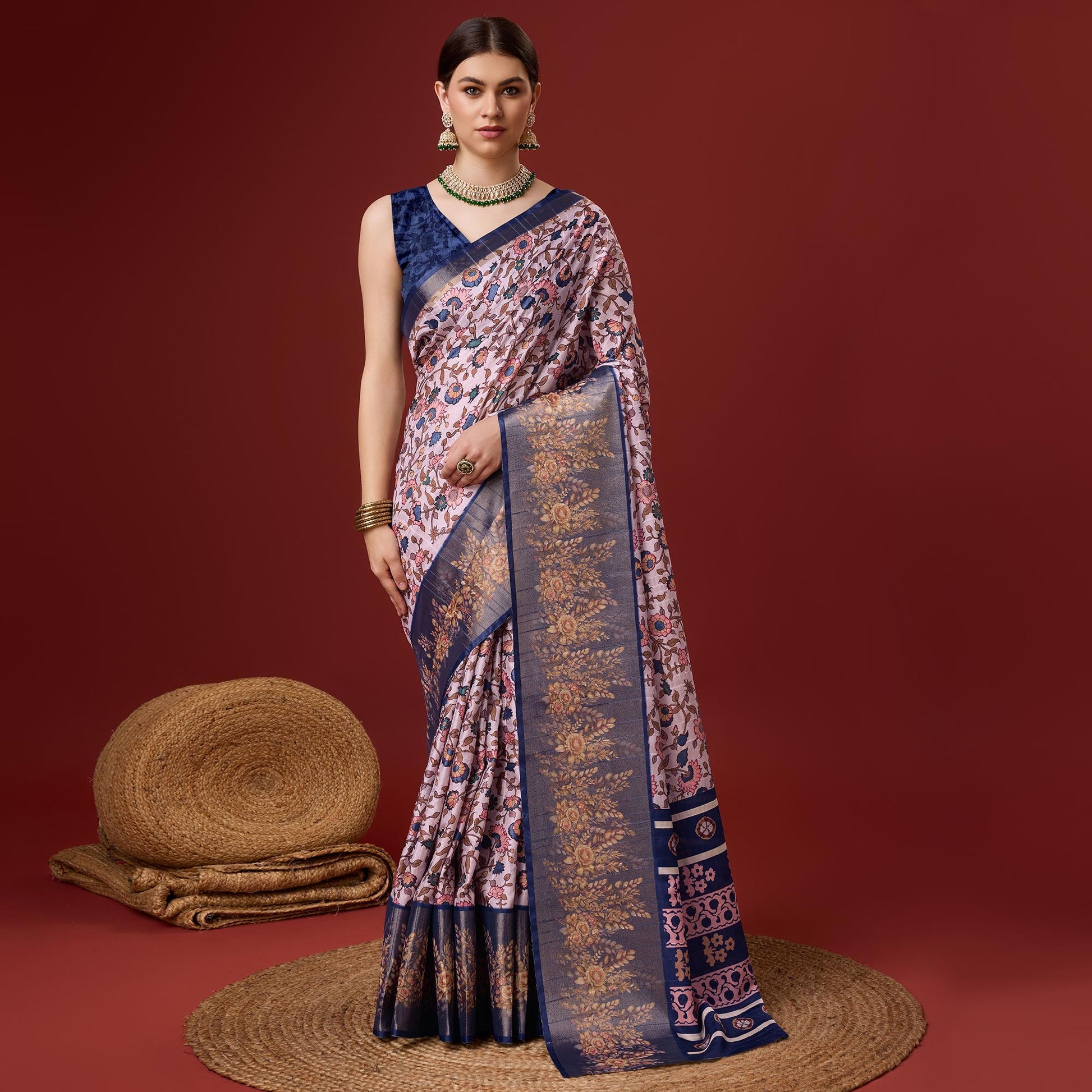 Light Pink Digital Printed Cotton Silk Saree With Border