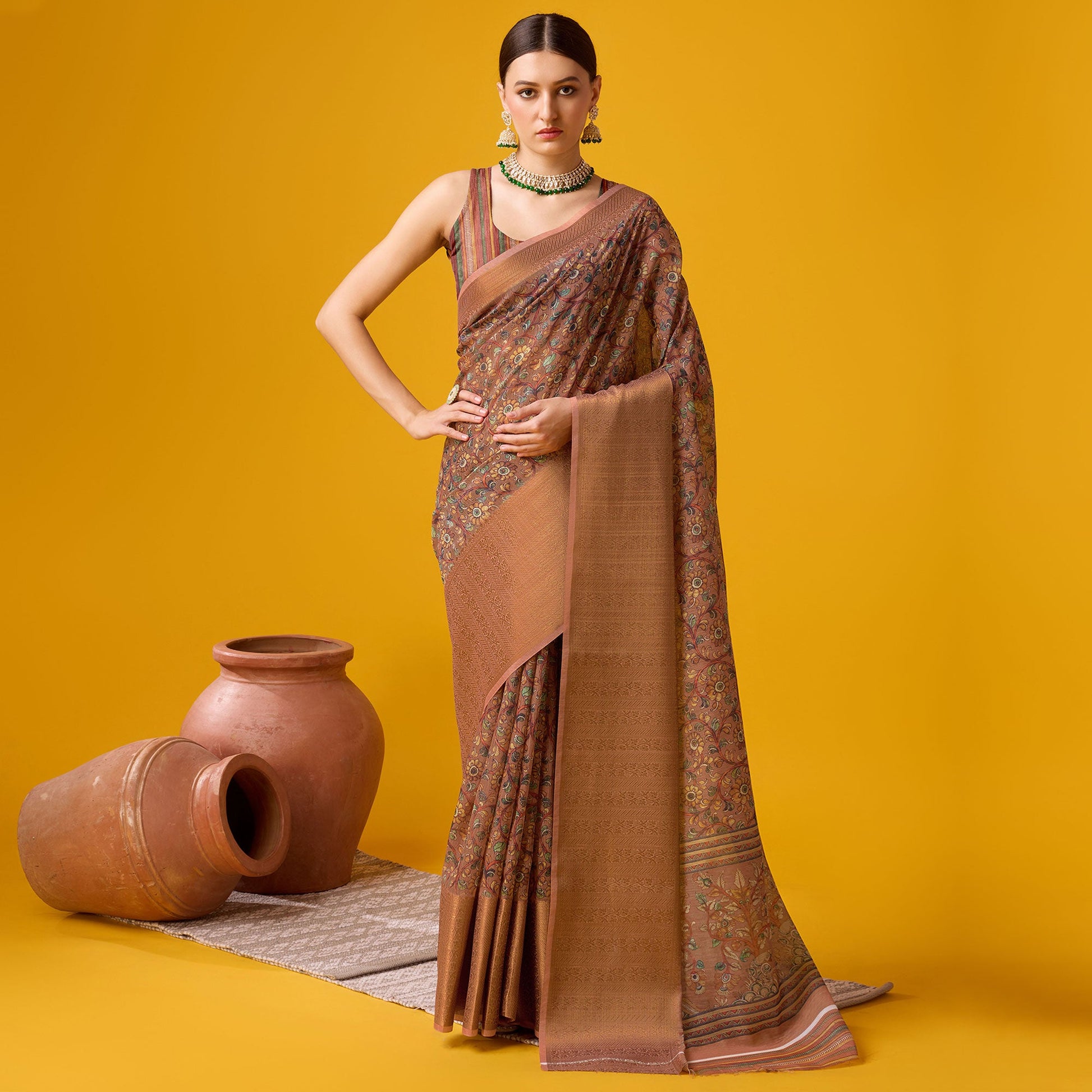 Brown Digital Printed Cotton Silk Saree With Border