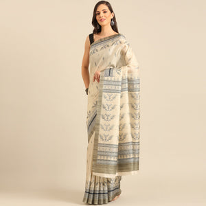 Cream Digital Print Cotton Blend Saree