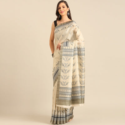 Cream Digital Print Cotton Blend Saree