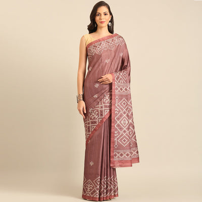 Dusty Rose Pink Digital Print Cotton Blend Saree