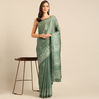 green-digital-print-cotton-blend-saree