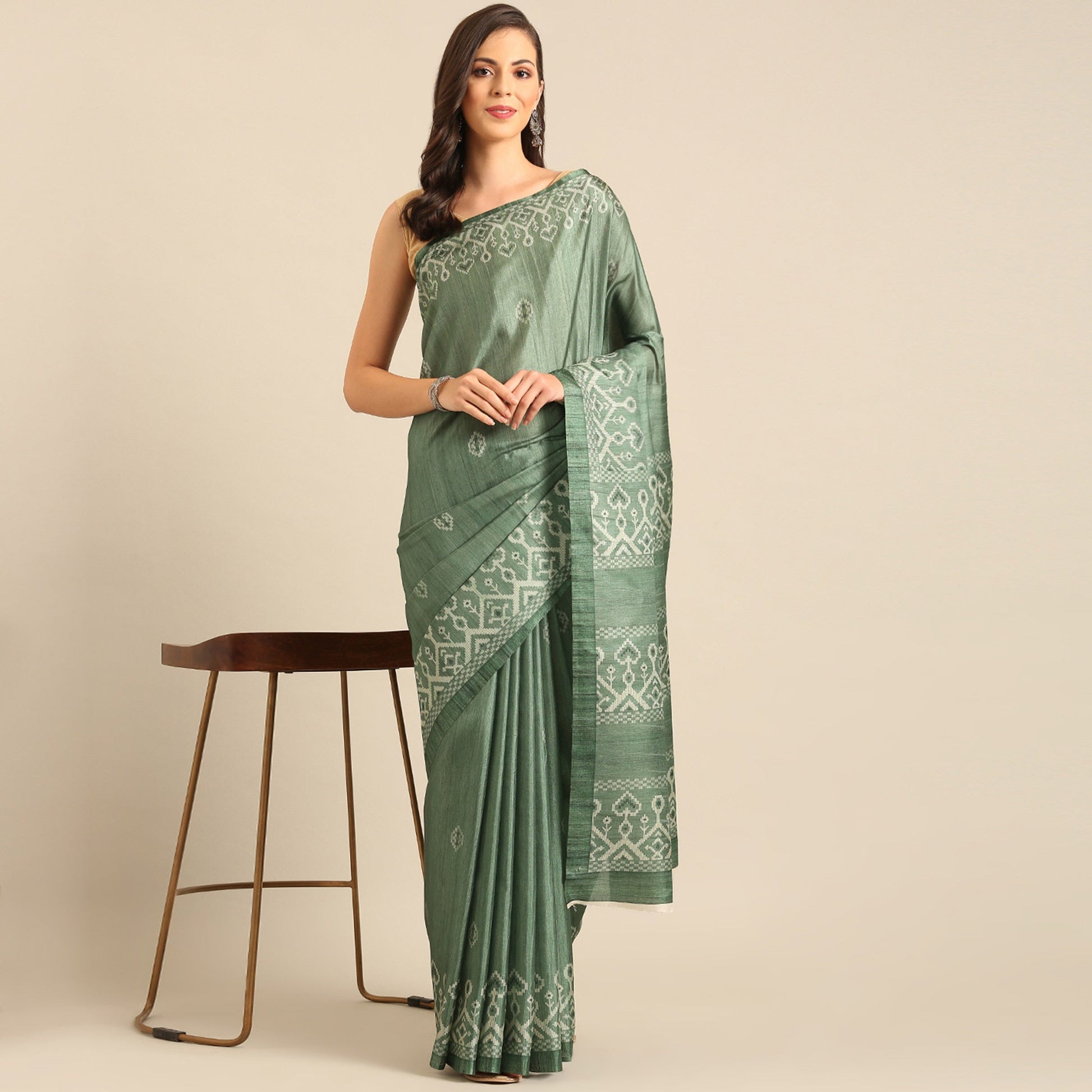 green-digital-print-cotton-blend-saree