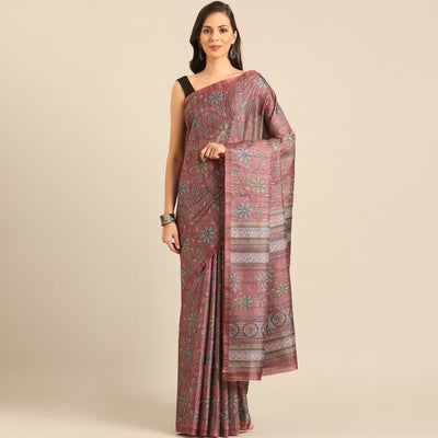 Dusty Rose Pink Floral Digital Printed Cotton Blend Saree