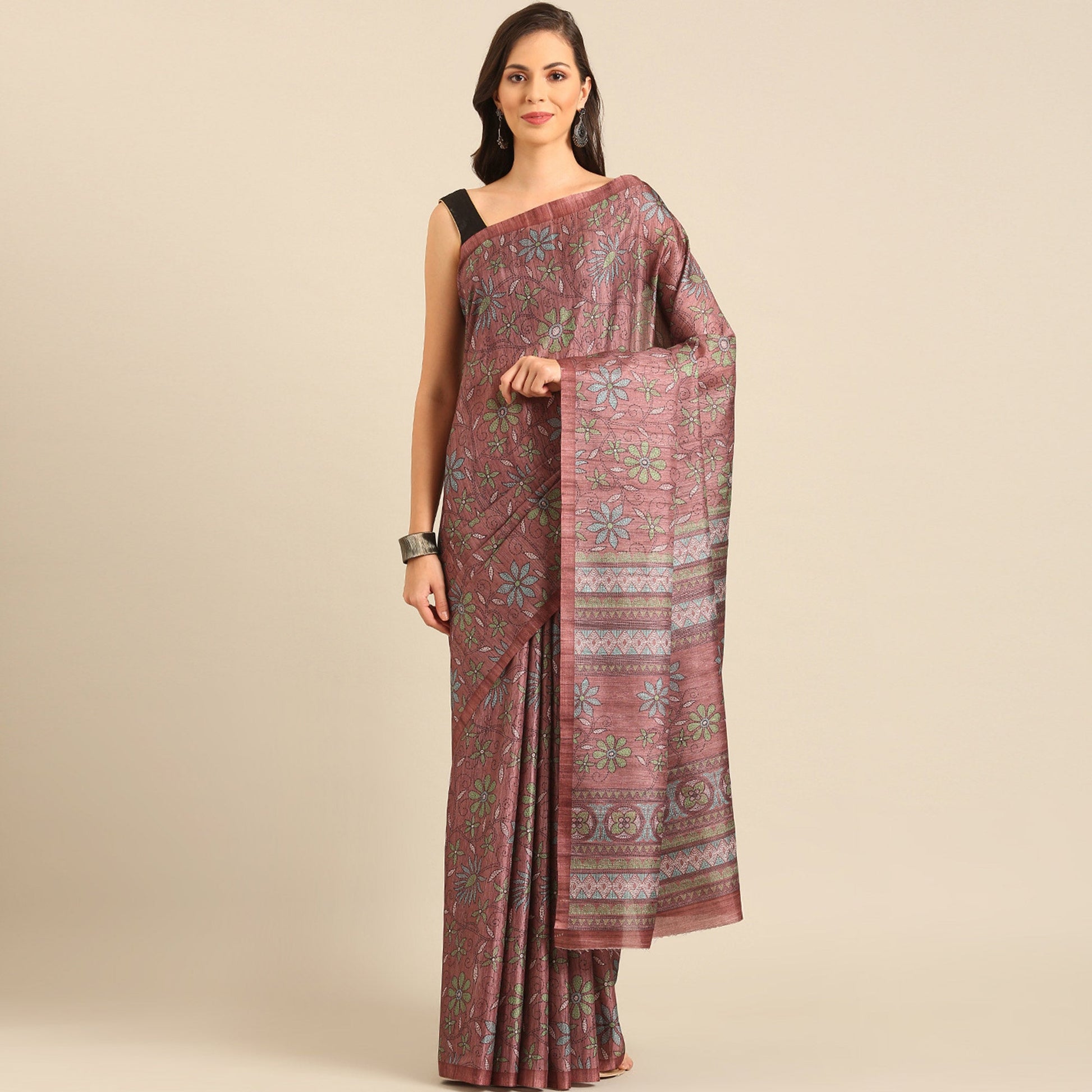 Dusty Rose Pink Floral Digital Printed Cotton Blend Saree