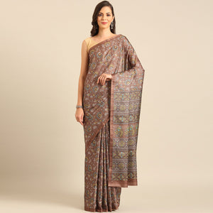 Brown Floral Digital Print Cotton Blend Saree