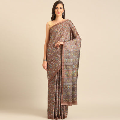 Brown Floral Digital Print Cotton Blend Saree