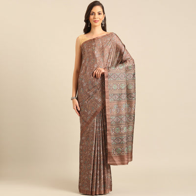 Brown Floral Digital Printed Cotton Blend Saree