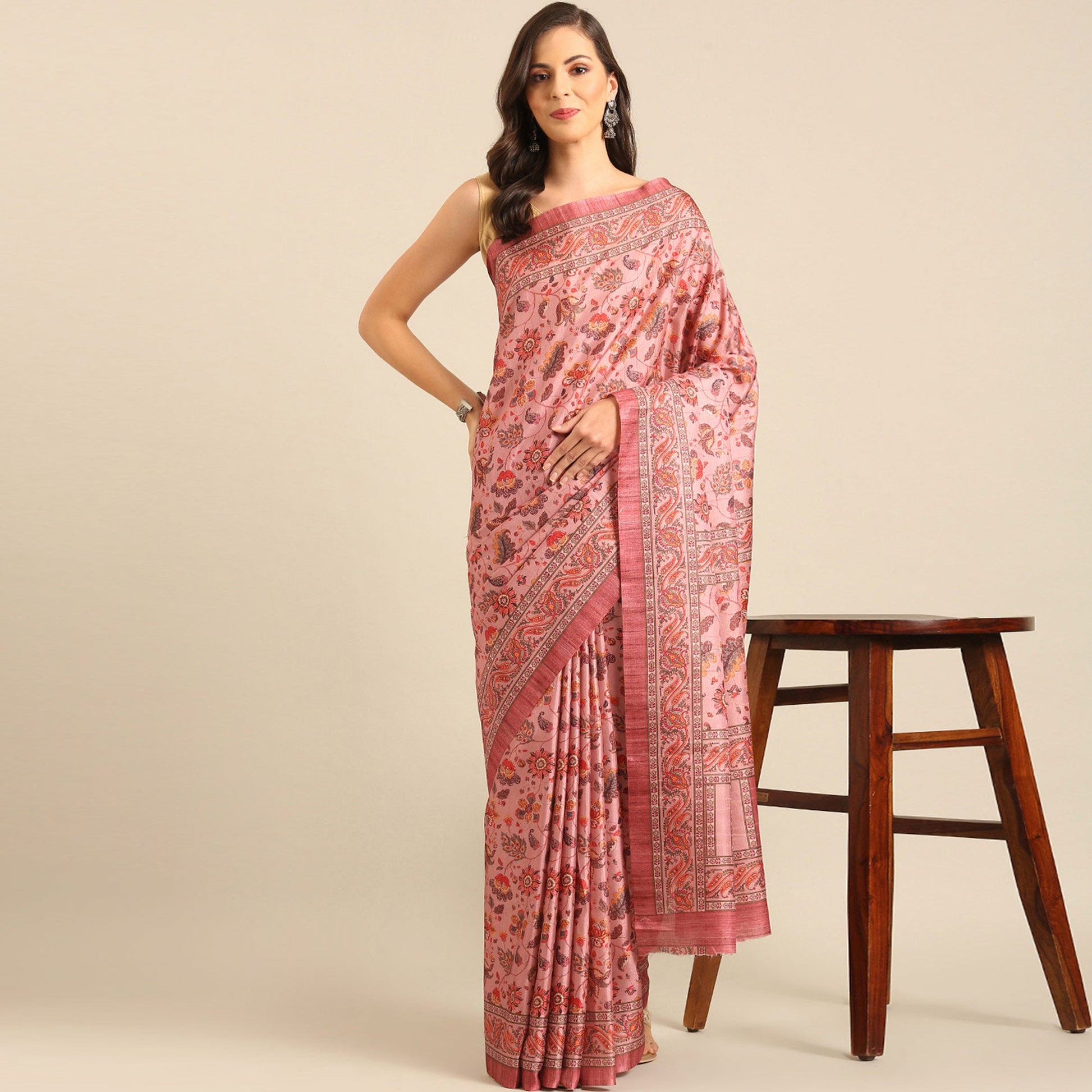 Light Pink Floral Digital Printed Cotton Blend Saree