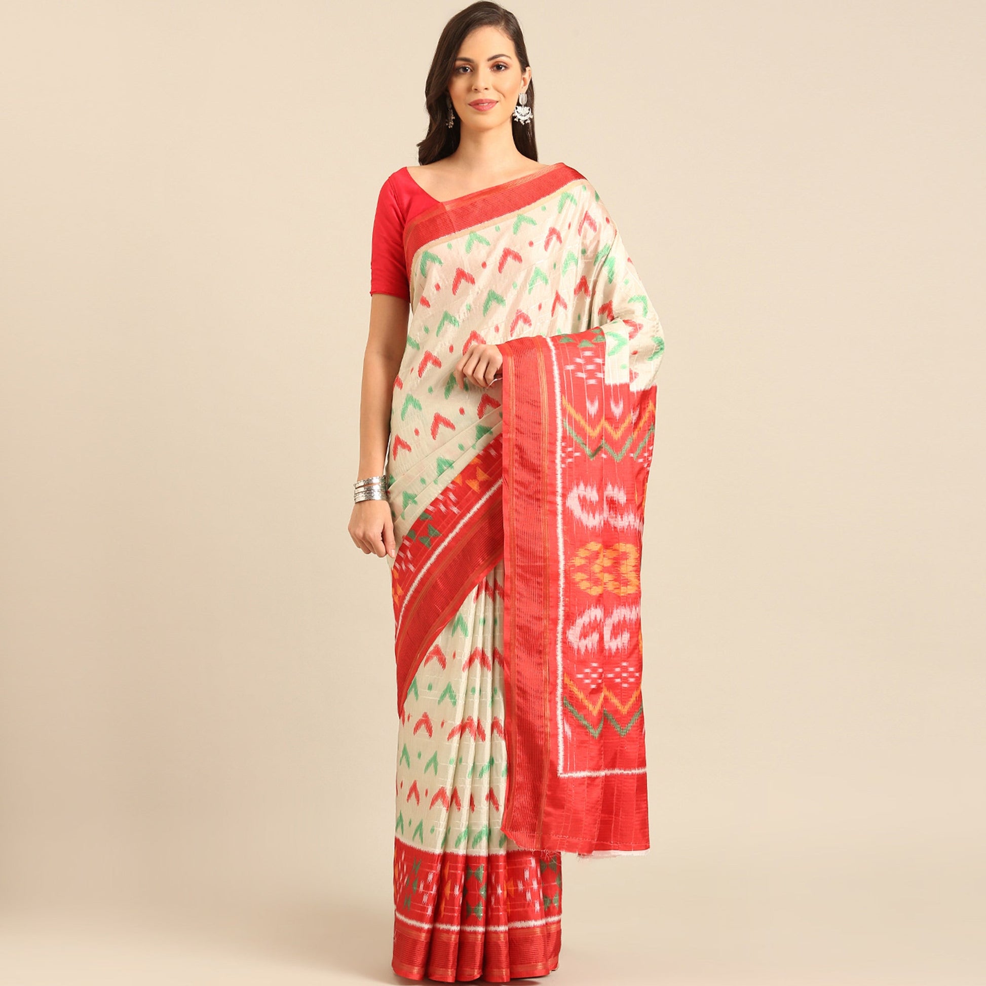 Cream Digital Patola Printed Cotton Blend Saree