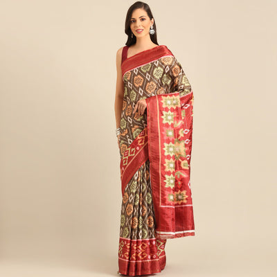 Brown Digital Patola Printed Cotton Blend Saree