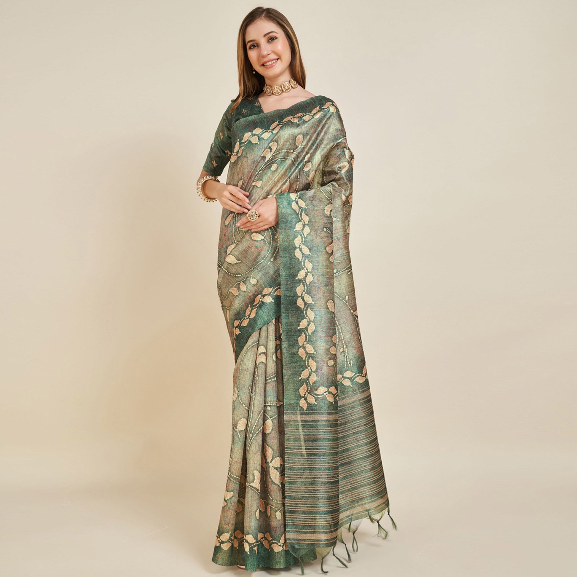 green-digital-printed-bhagalpuri-silk-saree-with-tassels-2