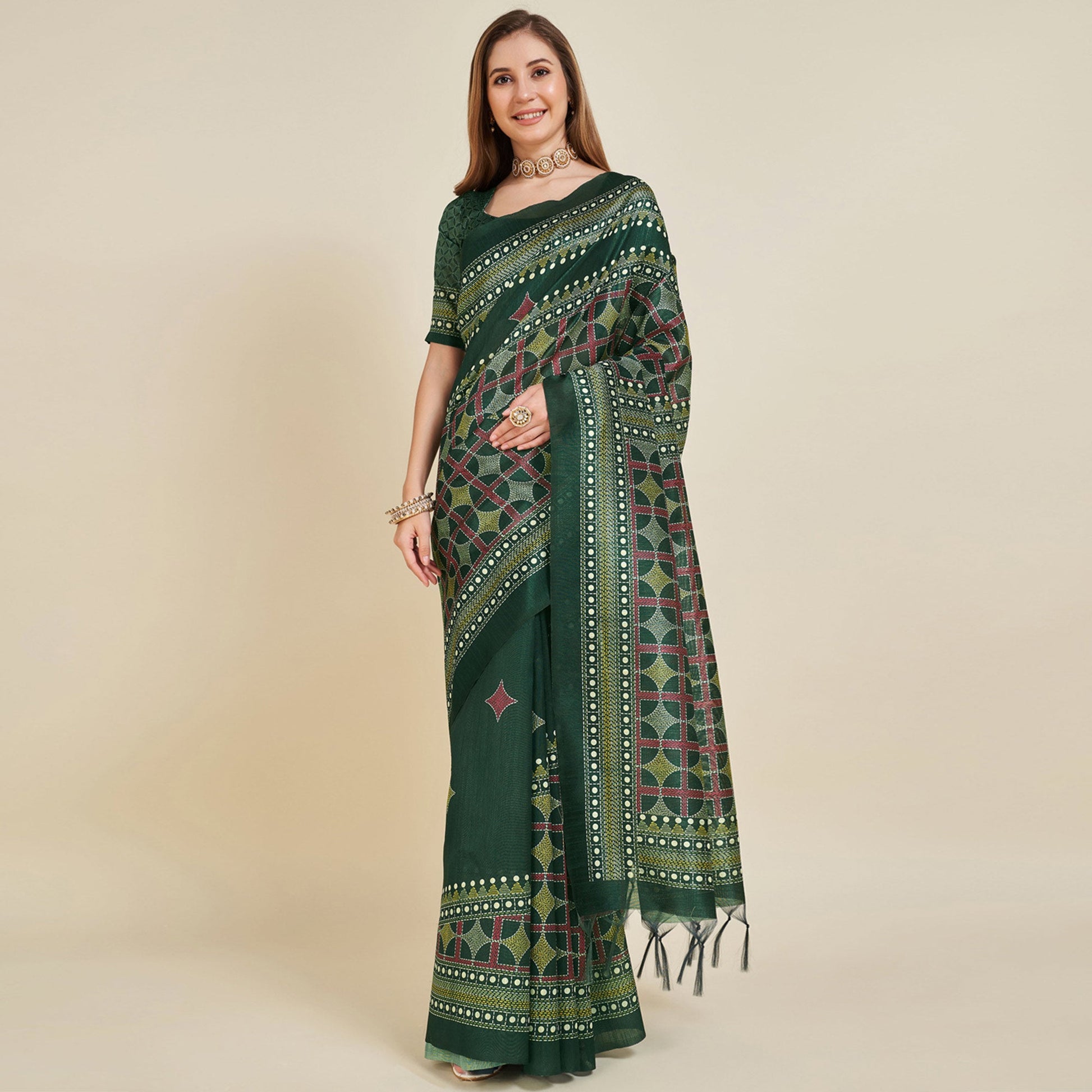 green-digital-printed-bhagalpuri-silk-saree-with-tassels-1