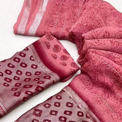 Gajri Pink Floral Printed Chiffon Saree