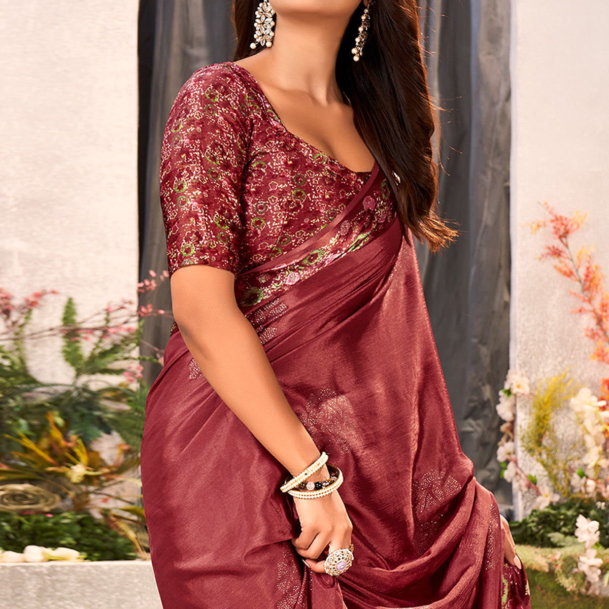 Maroon Floral Foil Printed Chiffon Saree With Tassels