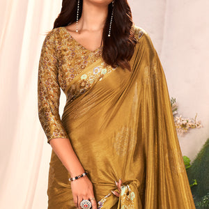 Gold Floral Foil Printed Chiffon Saree With Tassels
