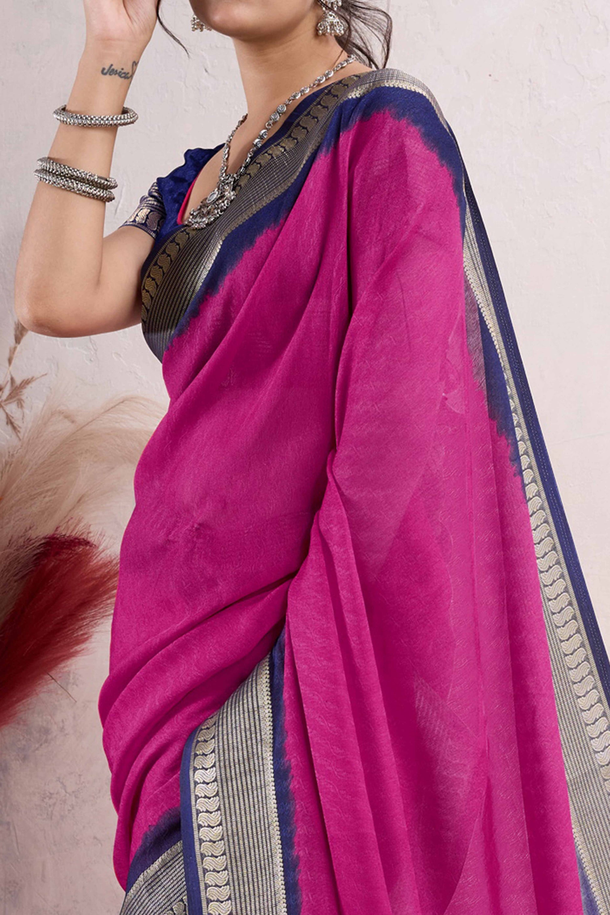 Magenta Printed Cotton Silk Saree With Jacquard Border