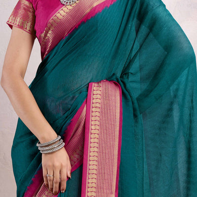 Morpich Green Printed Cotton Silk Saree With Jacquard Border