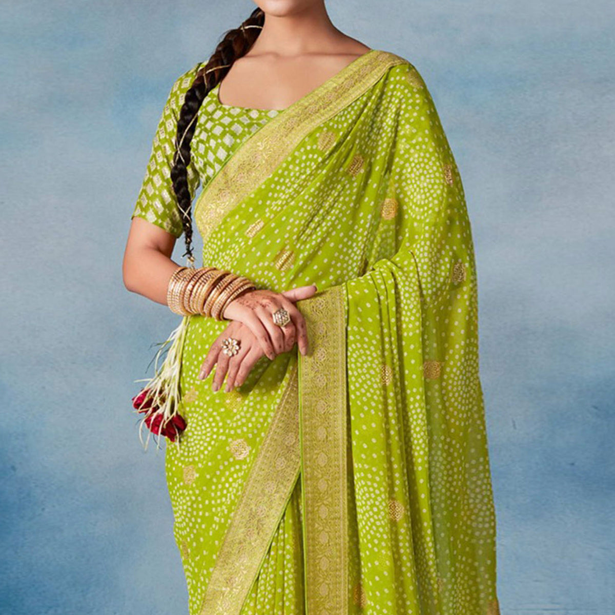 green-bandhani-foil-printed-georegette-saree