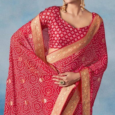 Gajari Pink Bandhani Foil Printed Georgette Saree