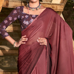Dark Maroon Printed With Swarovski Work Chiffon Ombre Saree