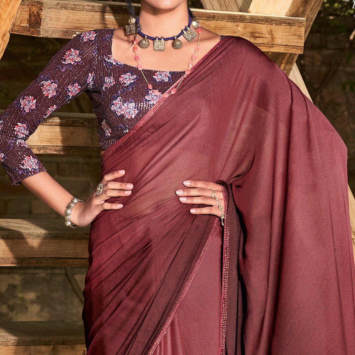 Dark Maroon Printed With Swarovski Work Chiffon Ombre Saree