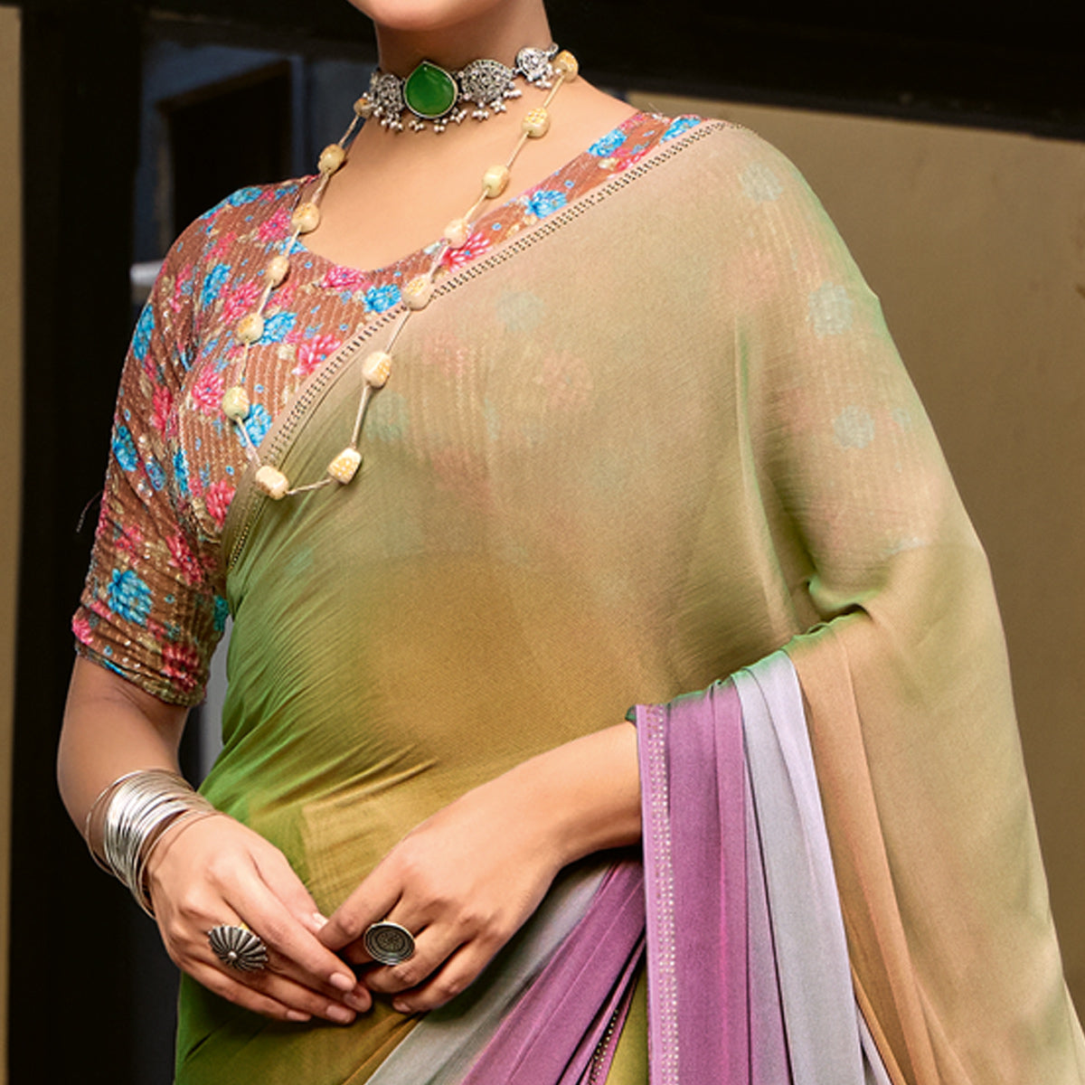 Brown Ombre Print Chiffon Sarees