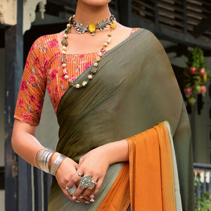 Mehandi Green & Orange Ombre Print Chiffon Sarees