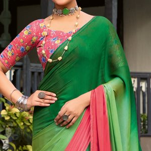 Dark Green & Red Ombre Print Chiffon Sarees