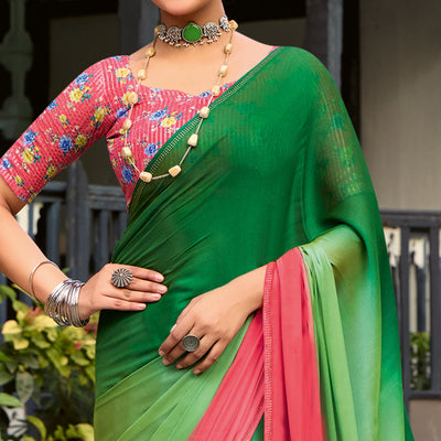Dark Green & Red Ombre Print Chiffon Sarees