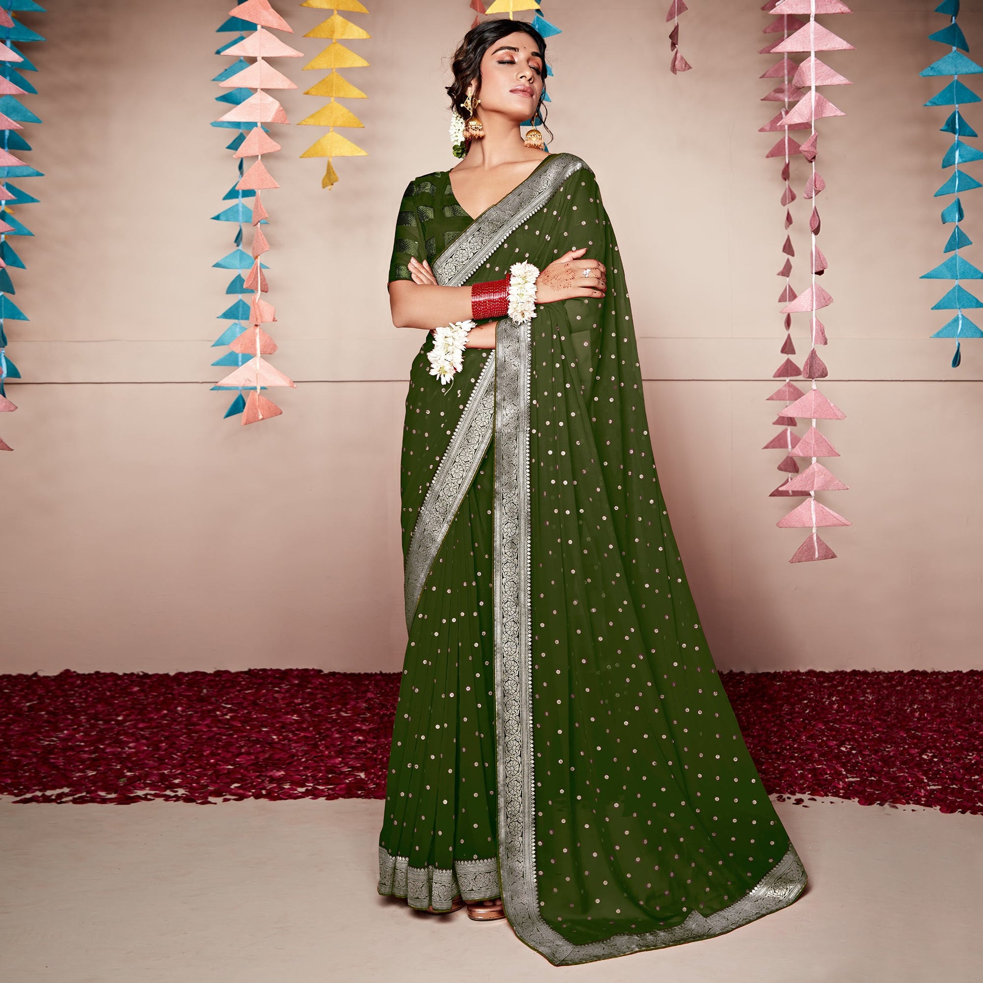 green-foil-printed-with-woven-border-georgette-saree