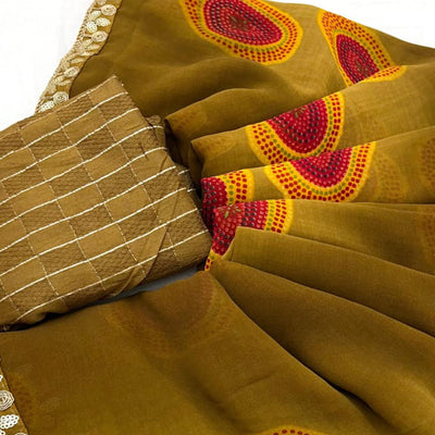 Chikoo Bandhani Printed Georgette Saree With Sequins Border
