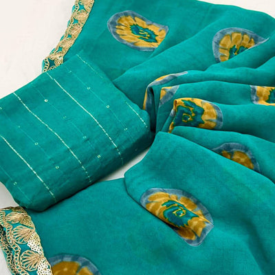 Cyan Green Bandhani Printed Georgette Saree With Sequins Border