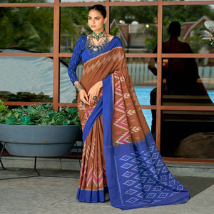 Brown & Blue Ikkat Printed Mulmul Cotton Saree
