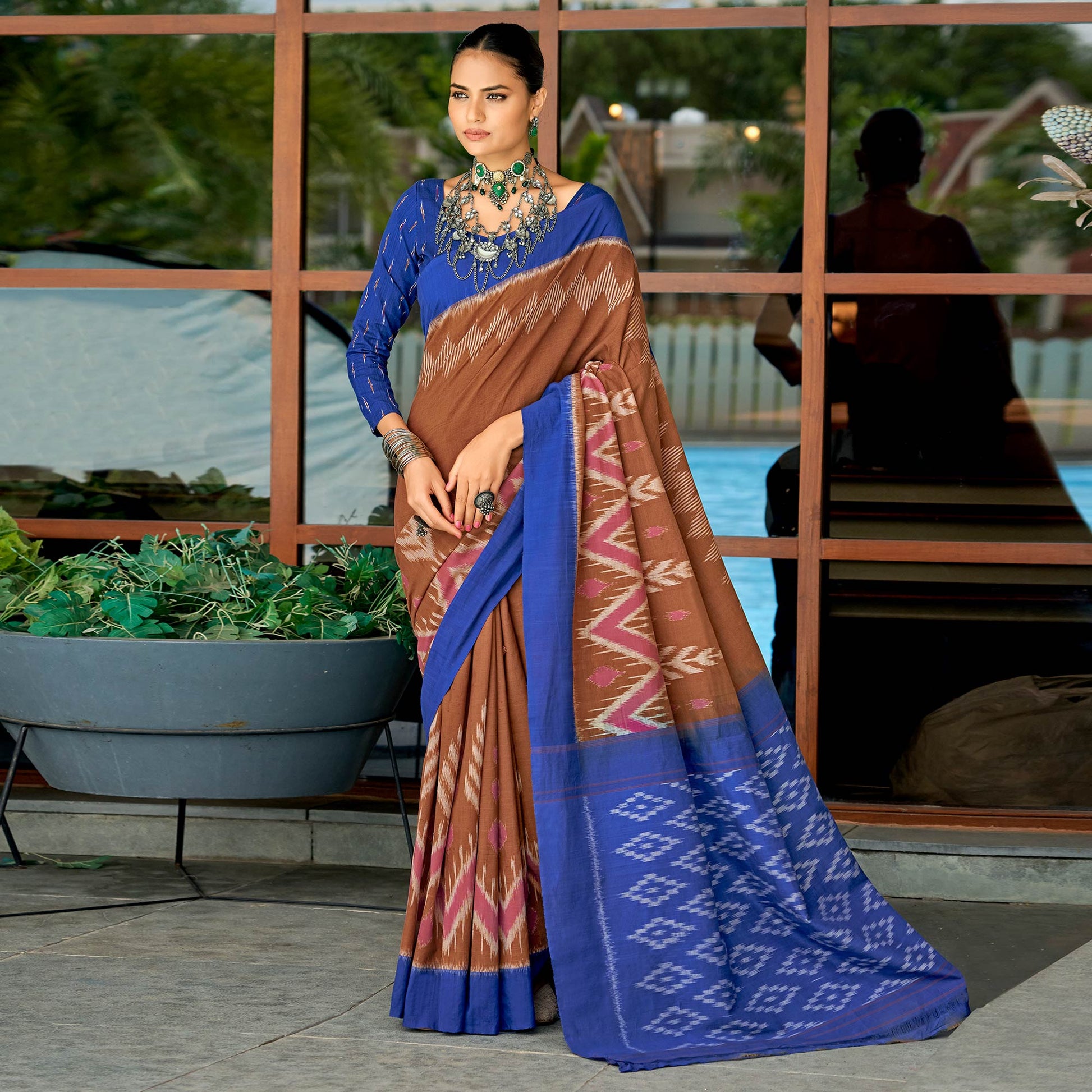 Brown & Blue Ikkat Printed Mulmul Cotton Saree