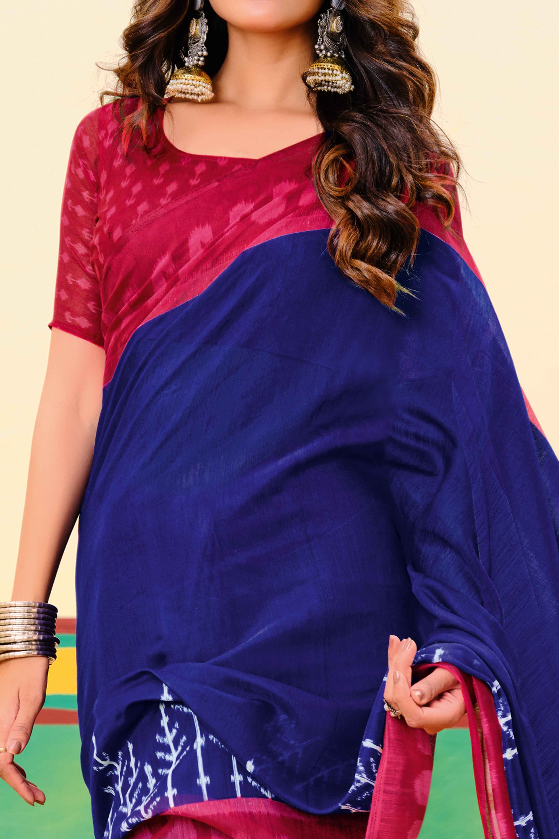 Dark Navy Blue Ikkat Printed Mulmul Cotton Saree