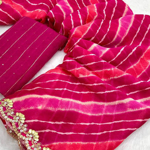 Magenta Leheriya Printed Chiffon Saree With Sequins Embroidered Border