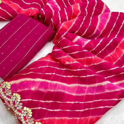 Magenta Leheriya Printed Chiffon Saree With Sequins Embroidered Border