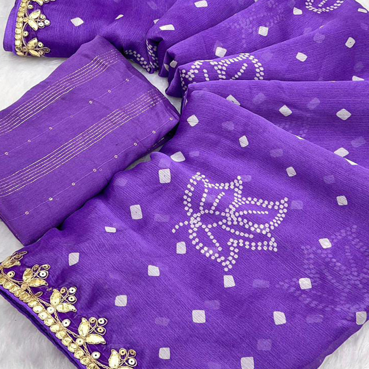 Lavender Bandhani Printed Chiffon Saree With Sequins Embroidered Border