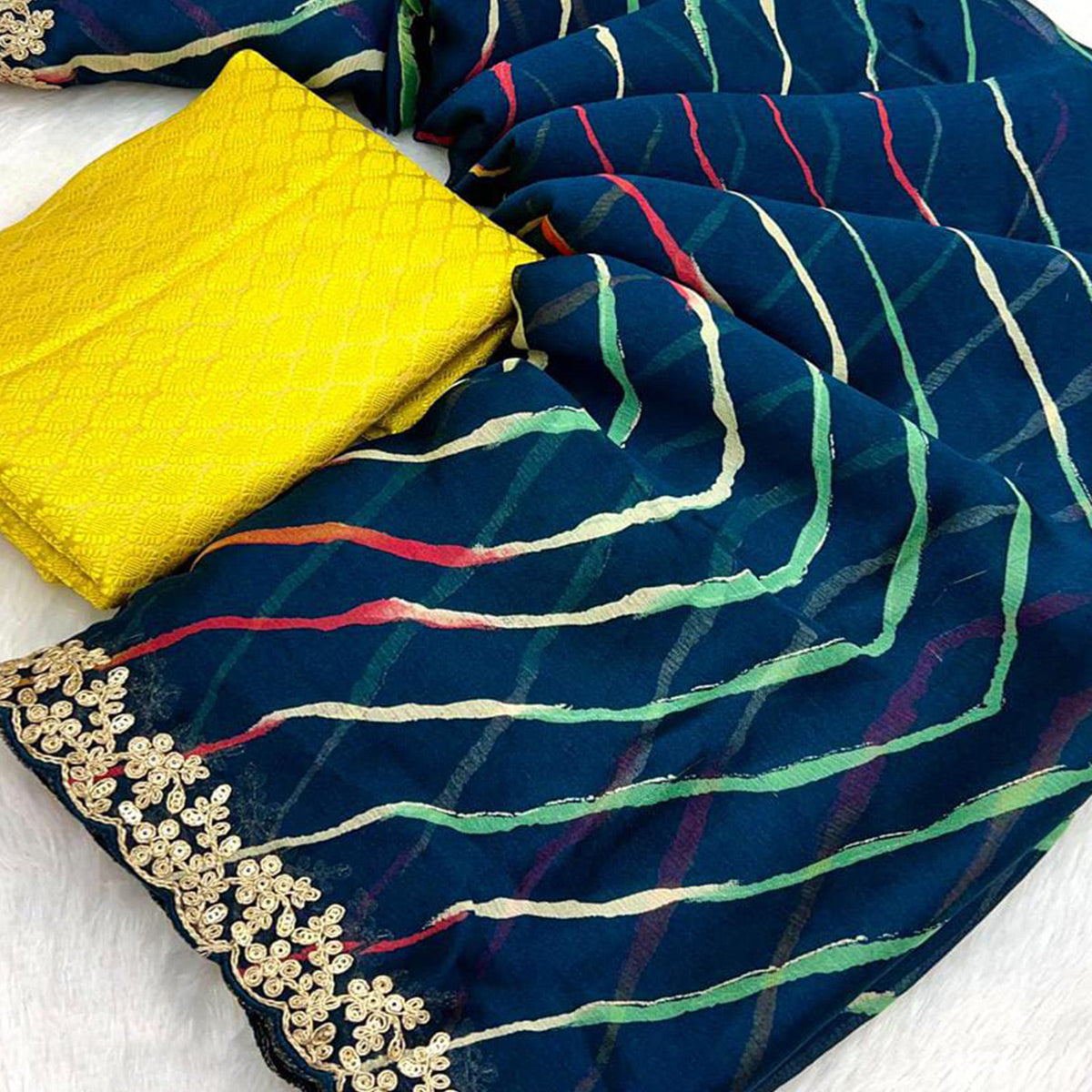 Morpich Blue Leheriya Printed Chiffon Saree With Sequins Embroidered Border