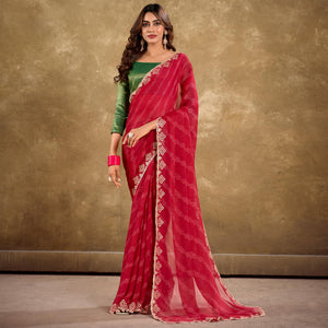 Cherry Pink Printed Chiffon Saree With Sequins Border
