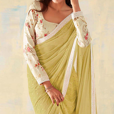 Lemon Yellow Foil Printed Georgette Saree With Embroidered Border