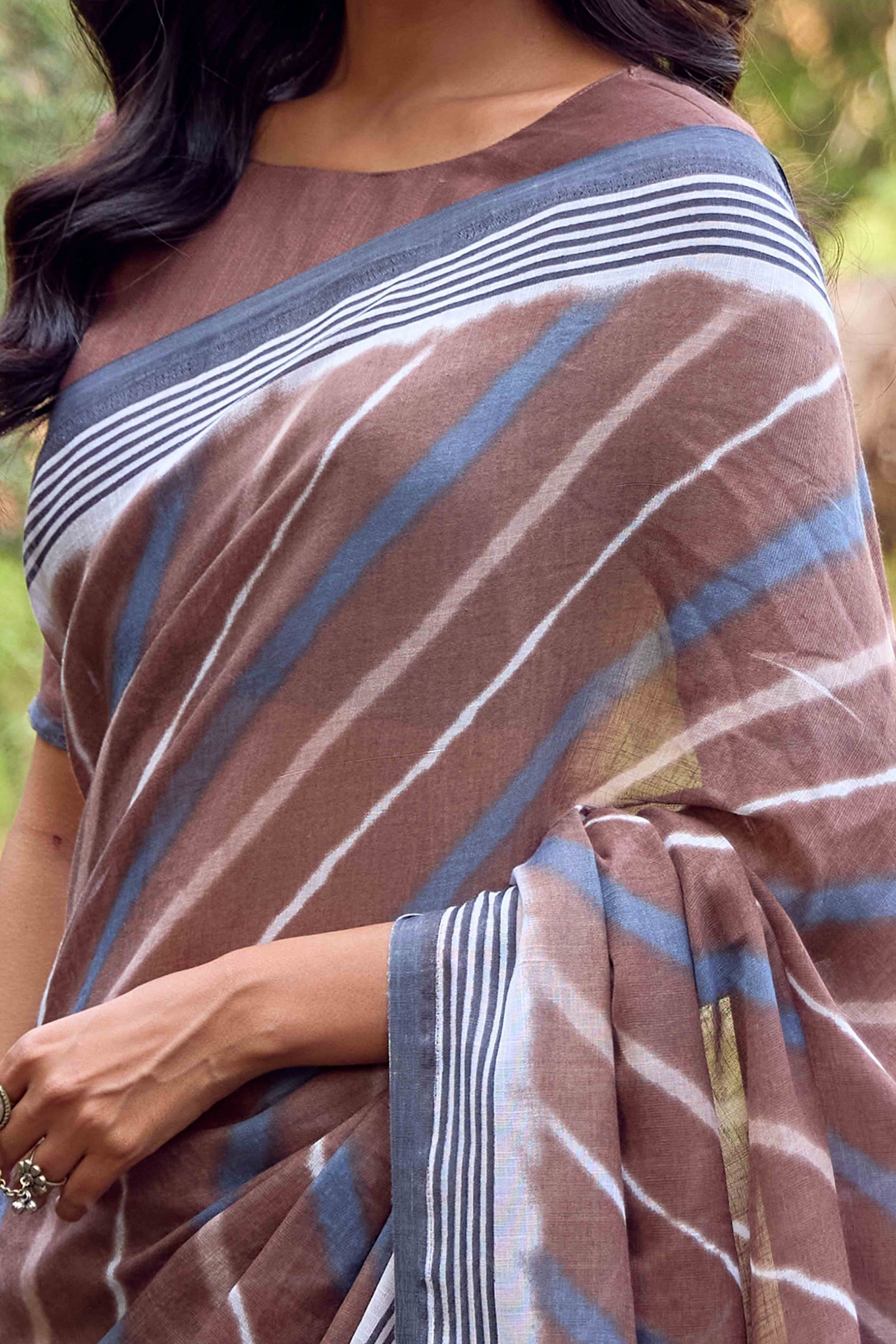 Brown Leheriya Printed Linen Saree