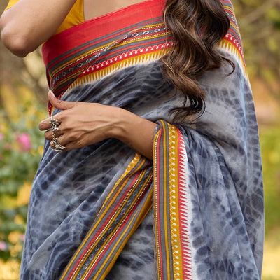 Grey Tie Dye Printed Linen Saree