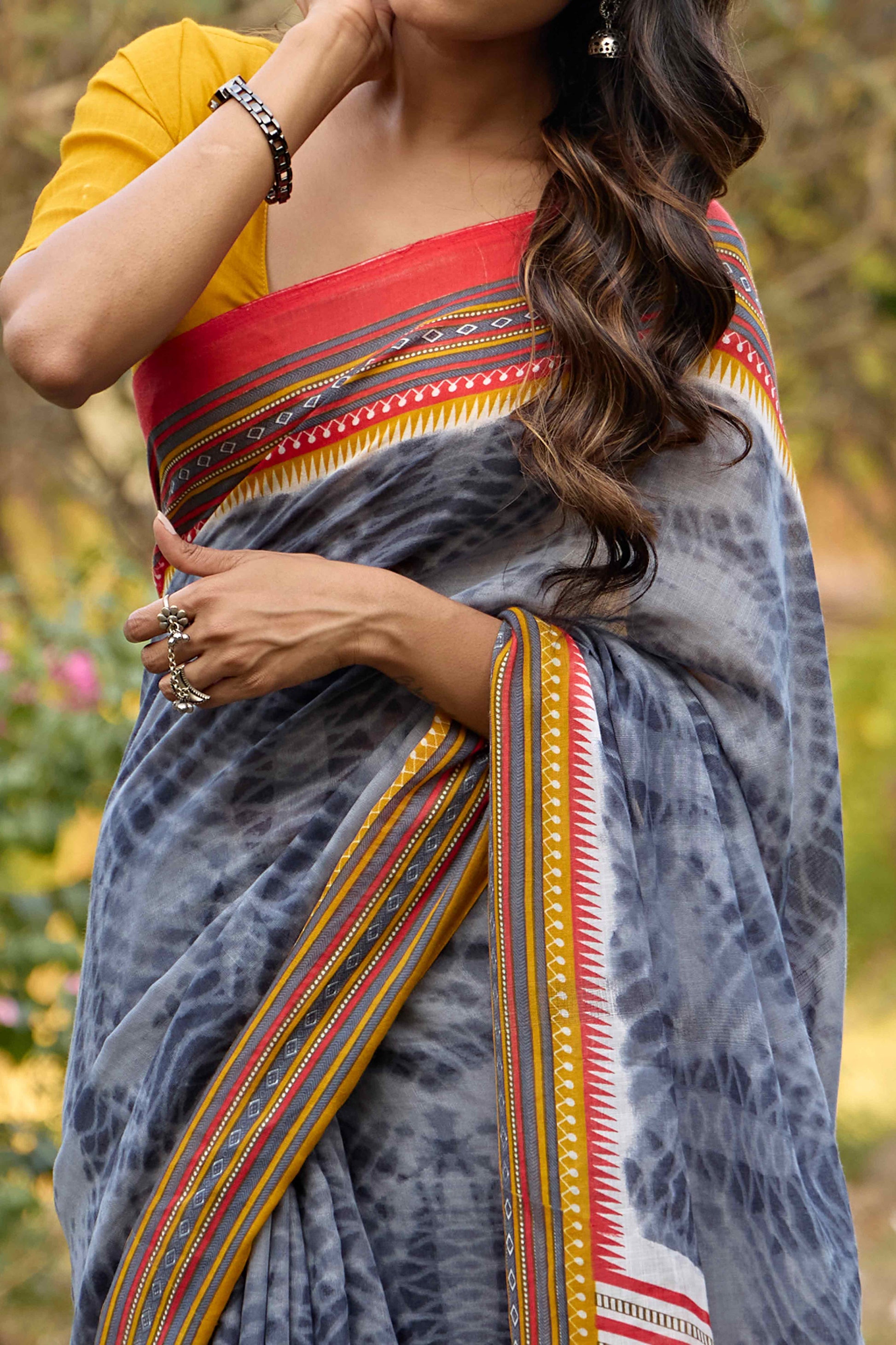 Grey Tie Dye Printed Linen Saree
