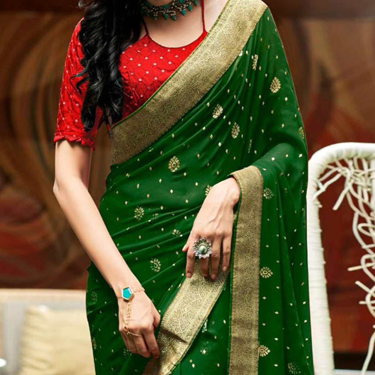 green-foil-printed-with-woven-border-geoergette-saree
