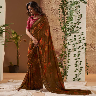 Brown Floral Printed Georgette Saree