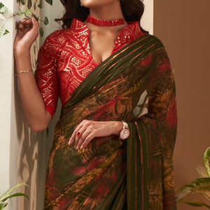 Mehandi Green Floral Printed Georgette Saree