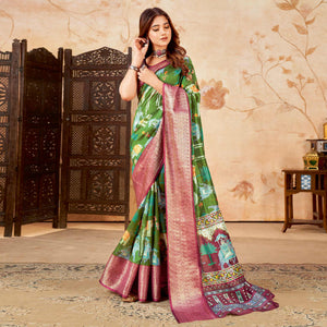 green-printed-cotton-silk-saree-with-jacquard-border